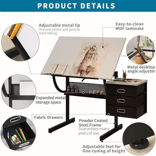 Adjustable Drawing Table with 3 Drawers & Stool, for Art & Work