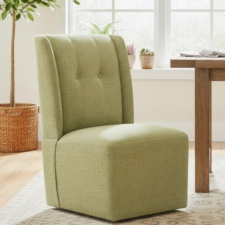 Rolling Dining Chair with Casters, Modern Upholstered Armless High Back Swive...