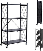 Foldable 4-Tier Metal Storage Shelf with Locking Wheels, Pre-Assembled Rolling Rack for Easy Setup, Space-Saving Organizer for Kitchen, Pantry, and Closet, 28.54" L x 14.17" W x 46.06" H