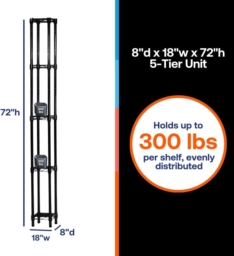 Shelving Inc. 8" d x 18" w x 72" h Black Wire Shelving with 5 Tier Shelves, Weight Capacity 300lbs Per Shelf