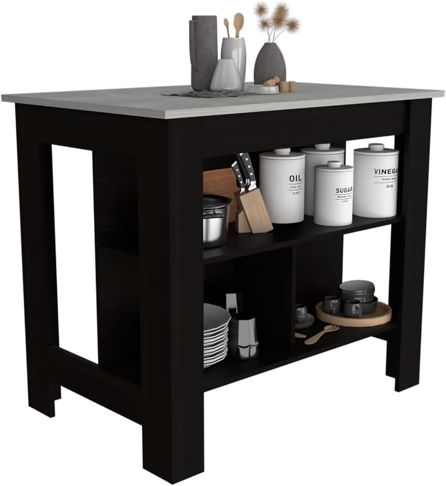 Kitchen Island with Three Storage Shelves and Marble Finish | Three open stor...