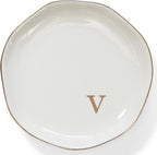 HOME SMILE Initials Ring Dish Jewery Tray with Personalized V-Monogrammed Engagement Wedding Gifts for Friends,Sister,Birthday Christmas Gifts for Women,Ceramic White