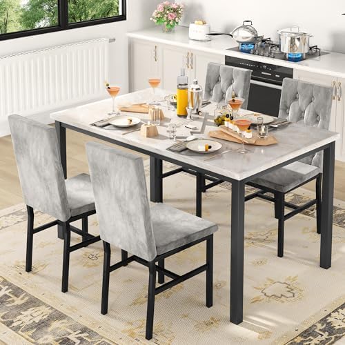 Hooseng Dining Table Set for 4, Faux Marble Small Kitchen Table Chairs Set of...