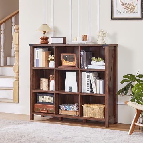 Joaxswe 9 Cube Bookcase, Farmhouse 47 Inch Wide Brown Walnut Bookshelf, Woode...