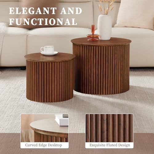 AVZEAR Round Nesting Coffee Table Set of 2, Small Fluted Coffee Table Circle ...