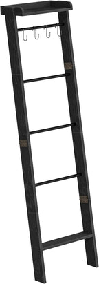 Blanket Ladder Shelf for Living Room, Decorative Quilt Rack with Storage Shelf, 6-Tier Farmhouse Ladder Holder Organizer with 4 Removable Hooks for Bedroom, Black BR35804B