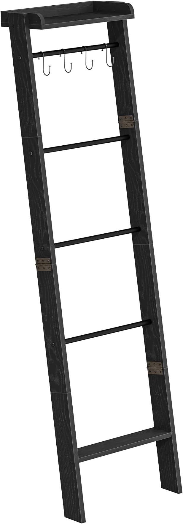 Blanket Ladder Shelf for Living Room, Decorative Quilt Rack with Storage Shelf, 6-Tier Farmhouse Ladder Holder Organizer with 4 Removable Hooks for Bedroom, Black BR35804B