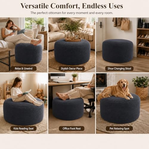 Round Stuffed Pouf Ottoman, Foot Stool Ottoman,Corduroy Poufs with Foam Chunk...