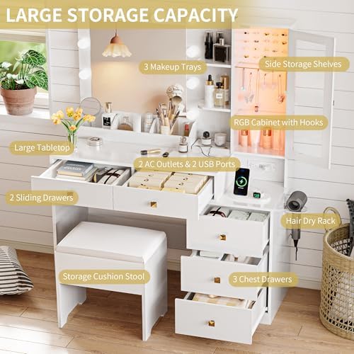 Vanity Desk with Mirror and Lights, Makeup Vanity Table Set with 5 Storage Dr...