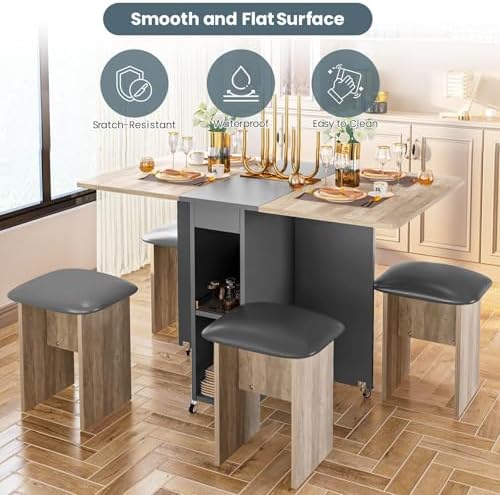 furlinkhm Folding Dining Table Set for 4, Dinner Table with 4 Leather Chairs ...