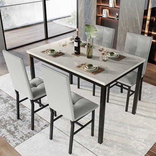 Hooseng Dining Table Set for 4, Faux Marble Small Kitchen Table with 4 PU Lea...