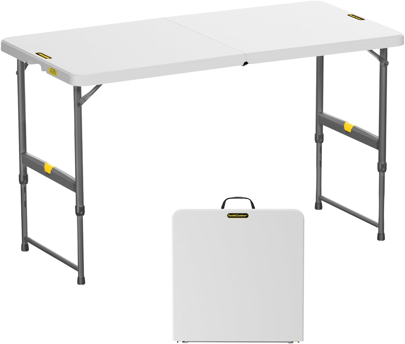 FanttikOutdoor 4ft Portable Folding Table, One-Handed Height Adjustment, 4 Heights, Gravity Lock, Carry Handle, Indoor Outdoor Heavy Duty Fold-in-Half Utility Table, Party, 1 Pack, White Zeta X4 Pro