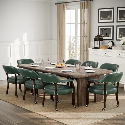 Dining Chair with Casters & Arms, PU Poker Chairs, 360° Move-Green | Kitc...