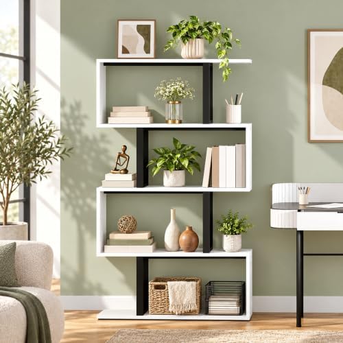 YITAHOME 5-Tier S-Shaped Bookcase, Modern Display Shelf, Cream White