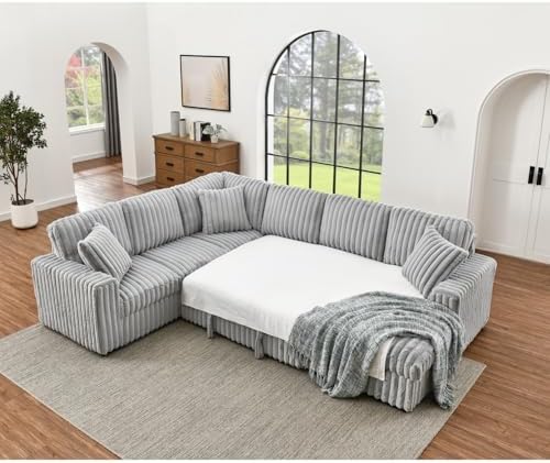 THSUPER 122-Inch Oversized U Shaped Plush Corduroy Fluffy Sectional Sleeper S...