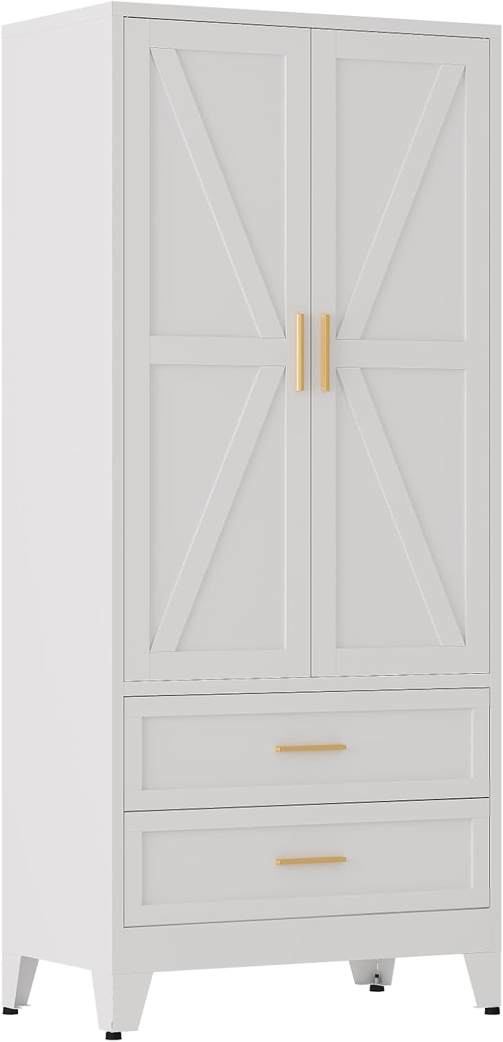 QINPTWUT 71" Tall Metal Wardrobe with Doors, Hanging Rod & Adjustabl...