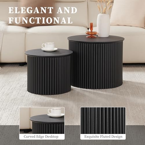 Small Fluted Round Nesting Coffee Table Set of 2, Mid Century Modern Coffee T...