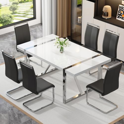Ebullient White Dining Table Set for 6, Modern 71'' MDF Kitchen Table...