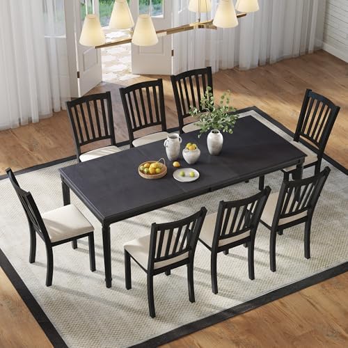 AMERLIFE 9 Piece Farmhouse Dining Table Set with 79" Rubberwood Table, Grey