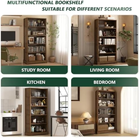 TVU 5 Tiers Wooden Bookshelf, 65.2" Tall Farmhouse Style Open Bookcase, ...