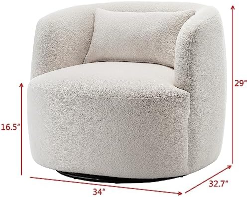 KINWELL 34" W Sherpa Swivel Barrel Accent Chair with Pillow, Cream