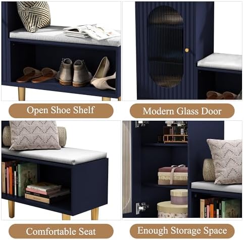 HLR Shoe Storage Bench with Glass Door&Shelf, L-Shaped Shoe Cabinet, Blue...