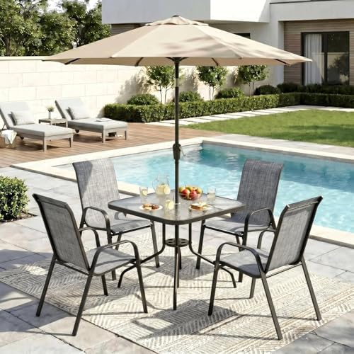 Arlopu 5 Pieces Outdoor Patio Dining Set, Glass Table and Textilene Chair