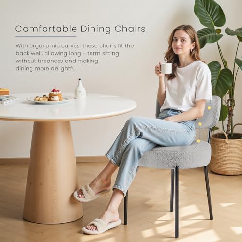 DUMOS Dining Chairs Set of 2, Mid Century Modern Chair Round Upholstered Curved Backrest, Kitchen Vanity Living Room Chairs with Black Metal Legs，Light Grey