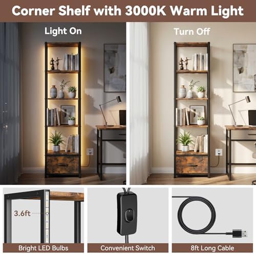 Housolution 6 Tier 60.6" Tall Bookshelf with Storage and LED Light, Brown