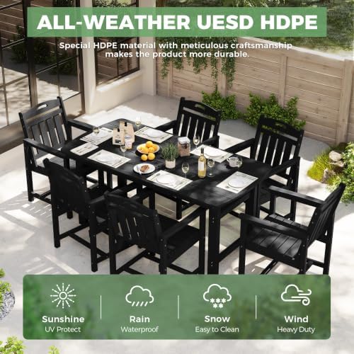 HDPE Outdoor Dining Set, Patio Table and 6 Chairs, 2" Umbrella Hole, Black