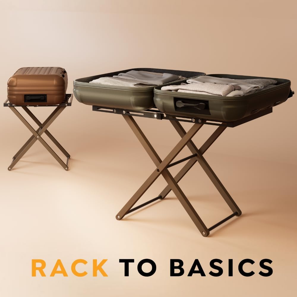 Luxury Expandable Luggage Rack for All Suitcase Sizes, Folding Stand Essential for Hotels, AirBnB, Guest Room; Extends 35” Inches, Holds up to 170 lbs, Durable Steel & Solid Wood, NO Assembly Required