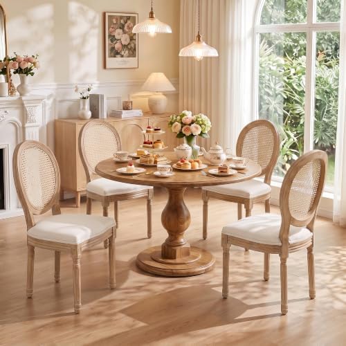 French Country Dining Chairs, Beige Rattan, Set of 6