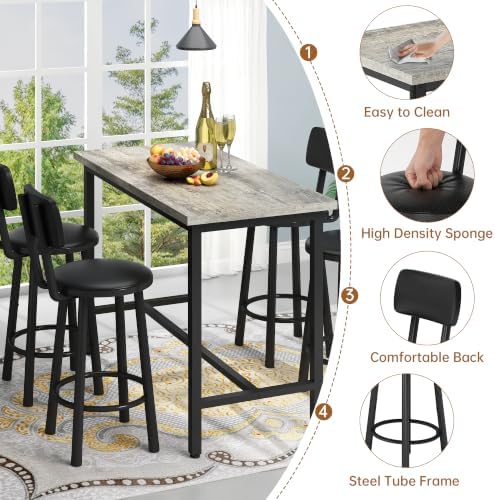 5 Piece Bar Table and Chairs Set for 4, Counter Height Rectangular Pub Dining...
