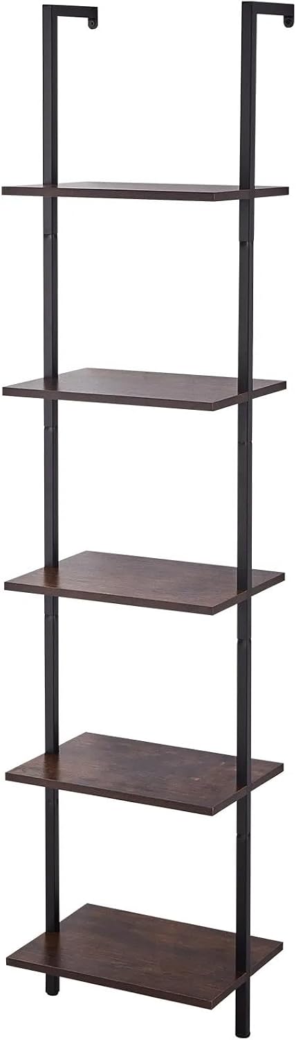 5-Tier Wall Mount Ladder Bookshelf 15.6x11.8in, Black Open Storage Rack with Metal Frame, Multipurpose Sundries Holder for Kitchen Bedroom Bathroom Living Room