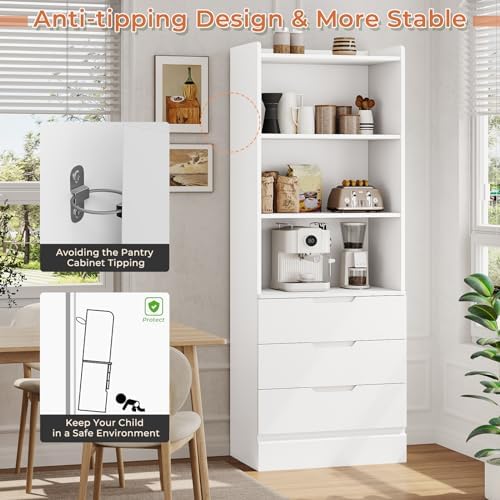DICTAC 73.23'' Tall Storage Cabinet Bookcase with 3 Drawers and 3-Tie...
