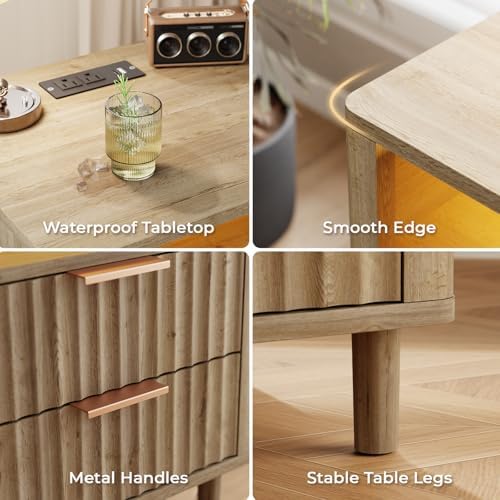 Fluted Nightstand with Charging Station, 2 Drawers Oak