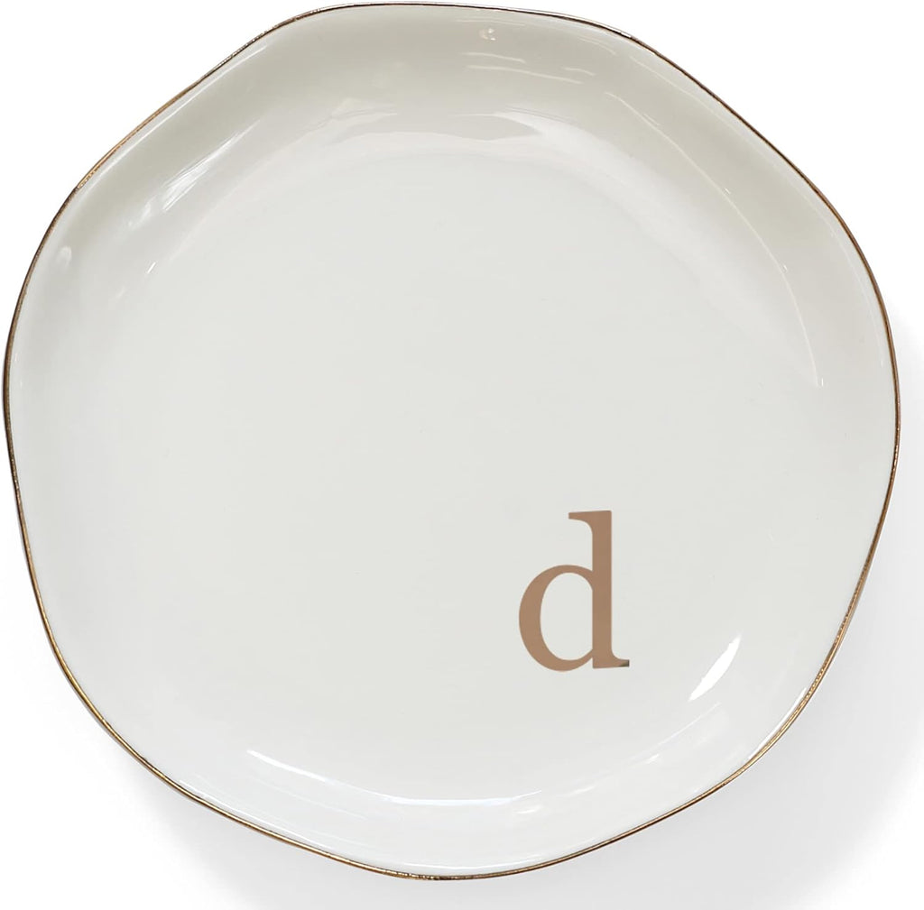 HOME SMILE Initials Ring Dish Jewery Tray with Personalized D-Monogrammed Engagement Wedding Gifts for Friends,Sister,Birthday Christmas Gifts for Women,Ceramic White