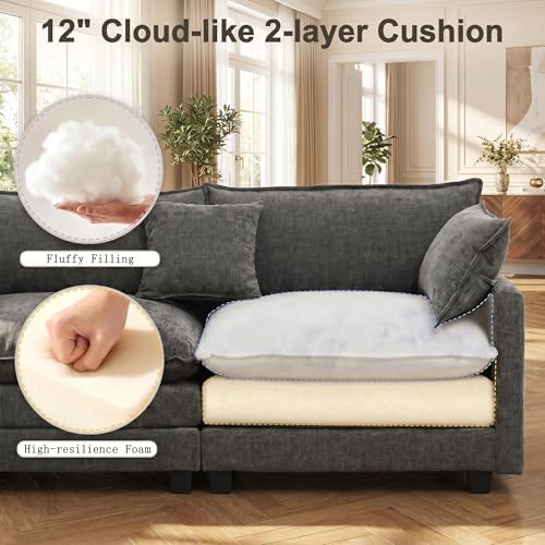 111.4" V-Shaped 5-Seat Sectional Cloud Couch, Chenille Soft Set, Grey | ...