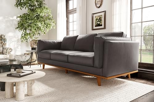 Valencia Artisan Full Leather Sofa 88” - Pure Full Italian Nappa Leather Couch, Solid Wood Accent, Ultimate Comfort, Modern Grey