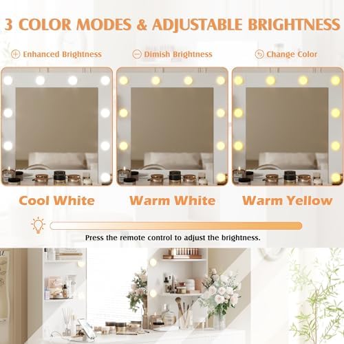 YESHOMY Vanity Desk with Mirror, Outlet, 10 Lights & 7 Drawers,Pure White...