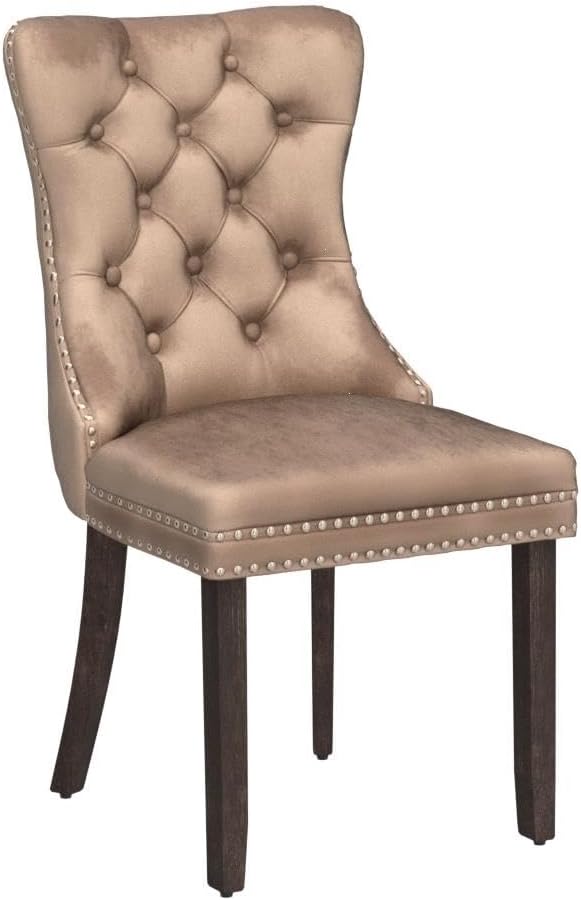 Kiztir Velvet Dining Chairs Set of 4, Upholstered Dining Chairs with Ring Pull Trim and Button Back, Luxury Tufted Dining Chair for Living Room, Bedroom, Kitchen (Khaki)