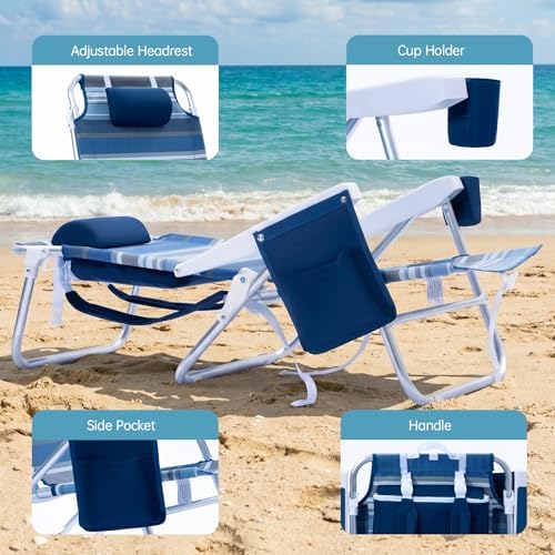 Beach Chair 2 Pack Aluminum 5 Positions Lay Flat Mesh Fabric Folding Beach Re...