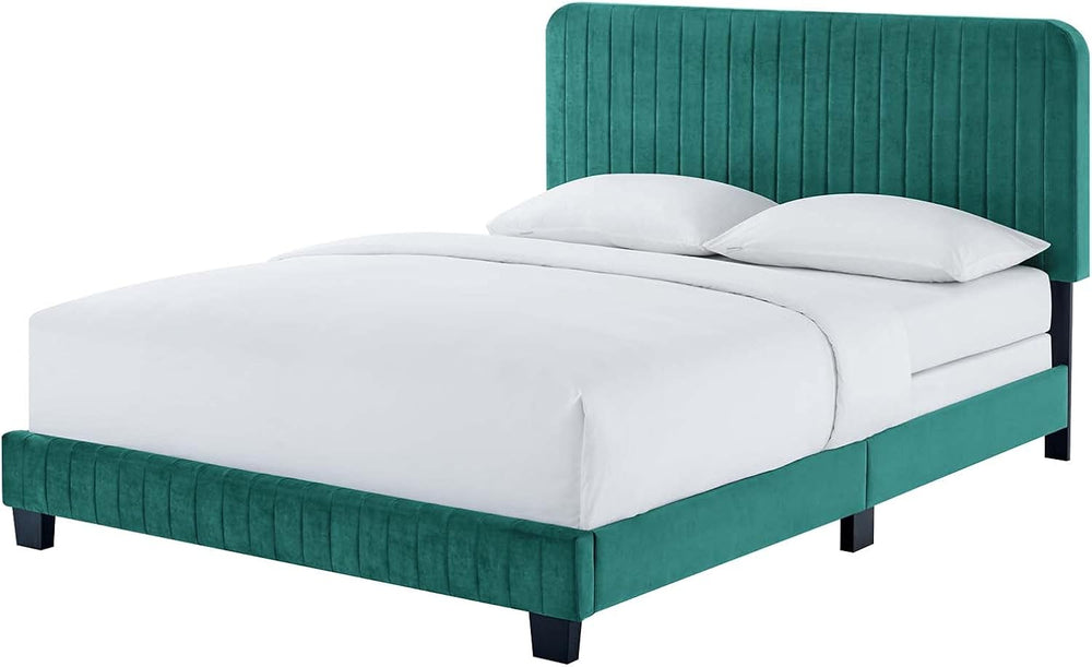 Tufted Platform Bed Frame, King Size, Velvet, Teal Blue, Modern Contemporary,...