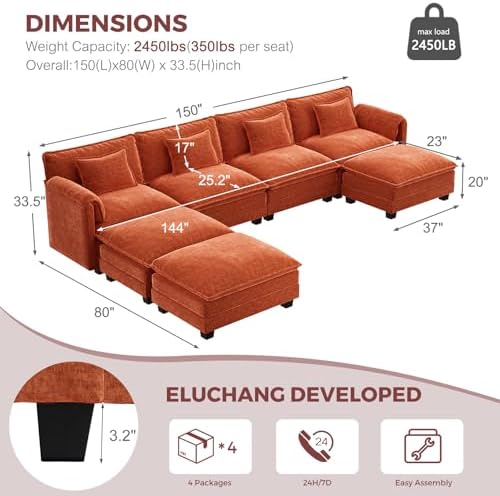 ELUCHANG 153" Oversized Modular Sectional Sofa, Comfy Chenille Cloud Cou...