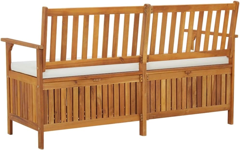 Storage Bench with Cushion 58.3 Inch Solid Acacia Wood Durable Patio Furnitur...
