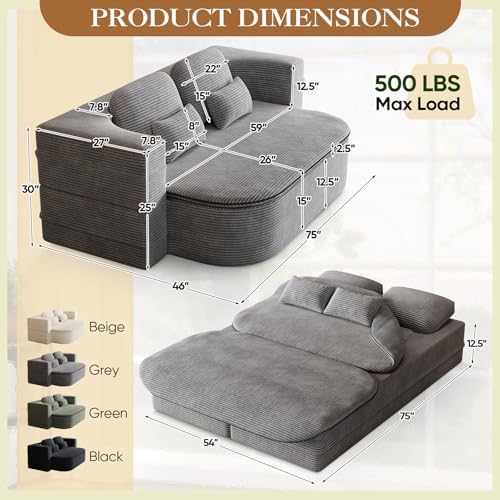 Antetek Convertible Sleeper Sofa, Modern Folding Futon Corduroy Floor Foam Co...