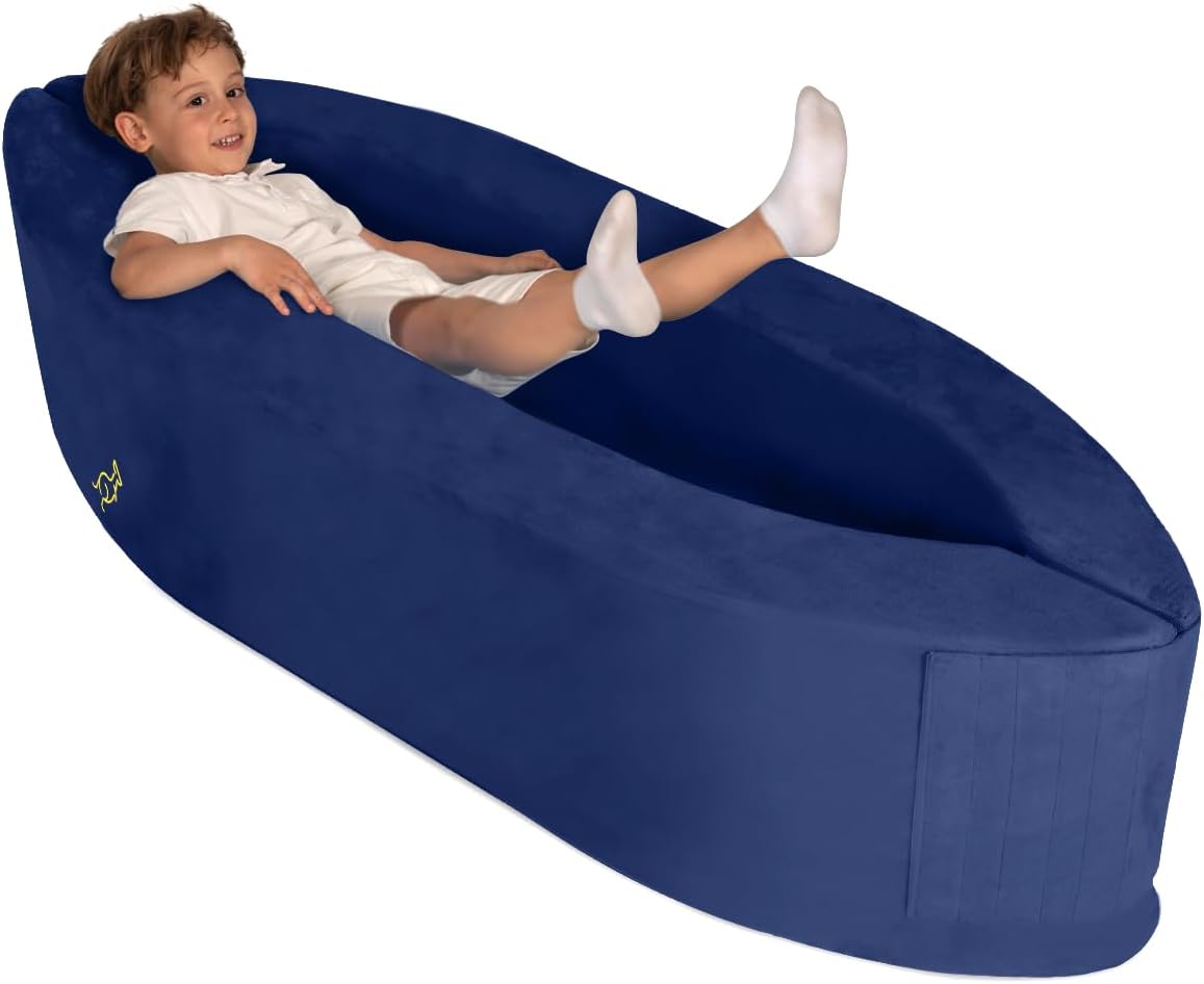 TED KANGAROO Sensory Chair for Kids — Sensory Soft Canoe for Children – Deluxe Adjustable Compression Peapod Foam Dark Blue