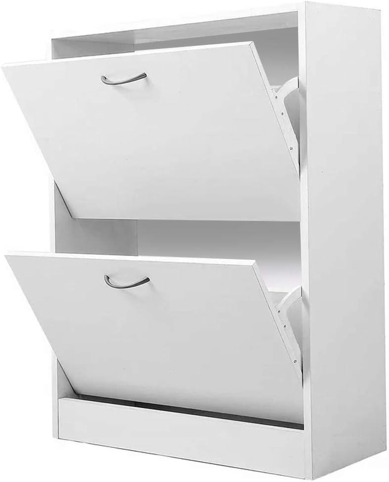 BAKAJI Slim Shoe Rack in Melamine Wood with 2 Folding Doors and Double Depth Dimensions 60 x 24 x 83.5 cm (White)