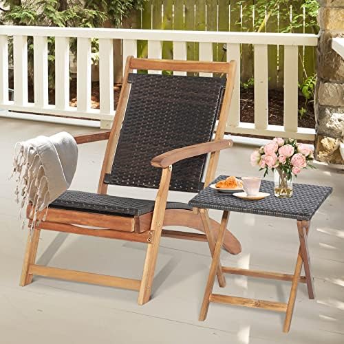 Tangkula Patio Lounge Chair and Side Table Set, Acacia Wood Wicker Folding Ta...