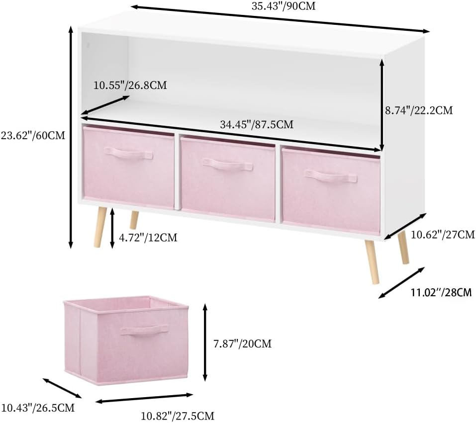 2-Tier Bookcase Bookshelf with Collapsible Fabric Drawers,Cute Book Display S...